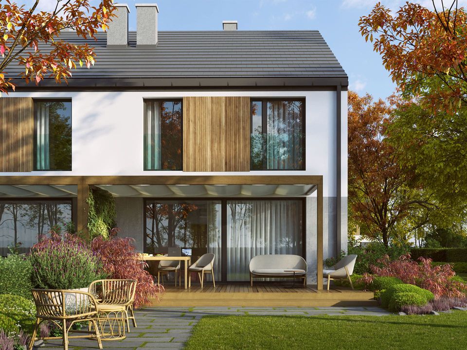 Wizualizacja domów Zielone Wzgórze — elewacja frontowa